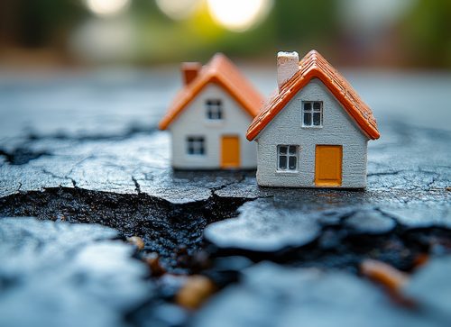 Small homes on broken streets. Two miniature houses sit on severely cracked pavement, symbolizing urban decay in a neglected area during daylight.